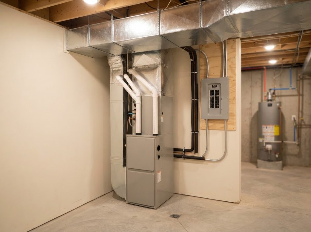Newly installed furnace with neat piping in a utility room