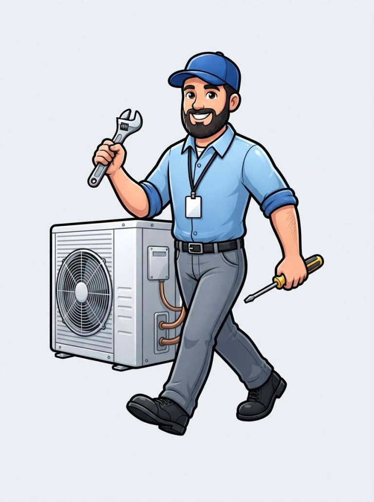 Doctor HVACR technician mascot holding a wrench and screwdriver