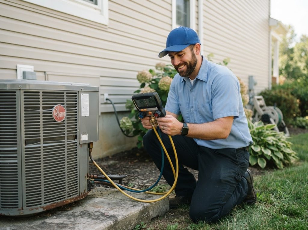 Technician checking an outdoor AC condenser with refrigerant gauges