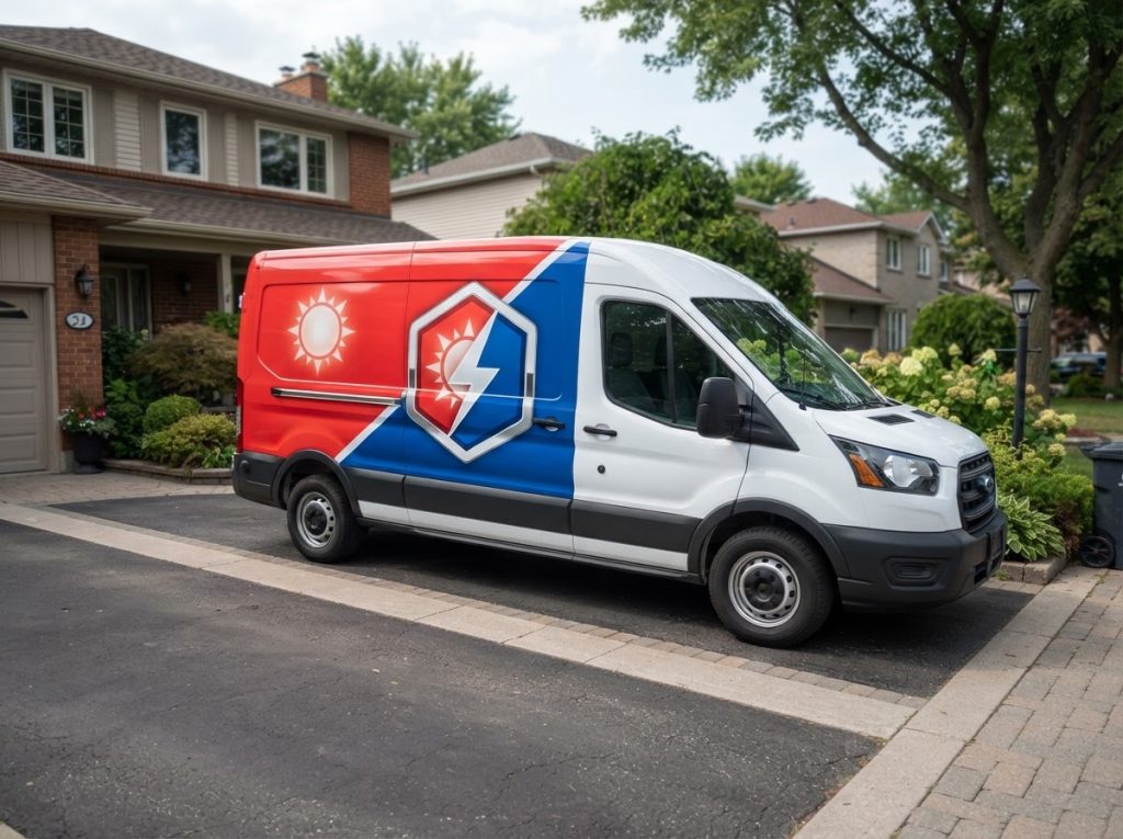 Red and blue liveried service van parked outside a home